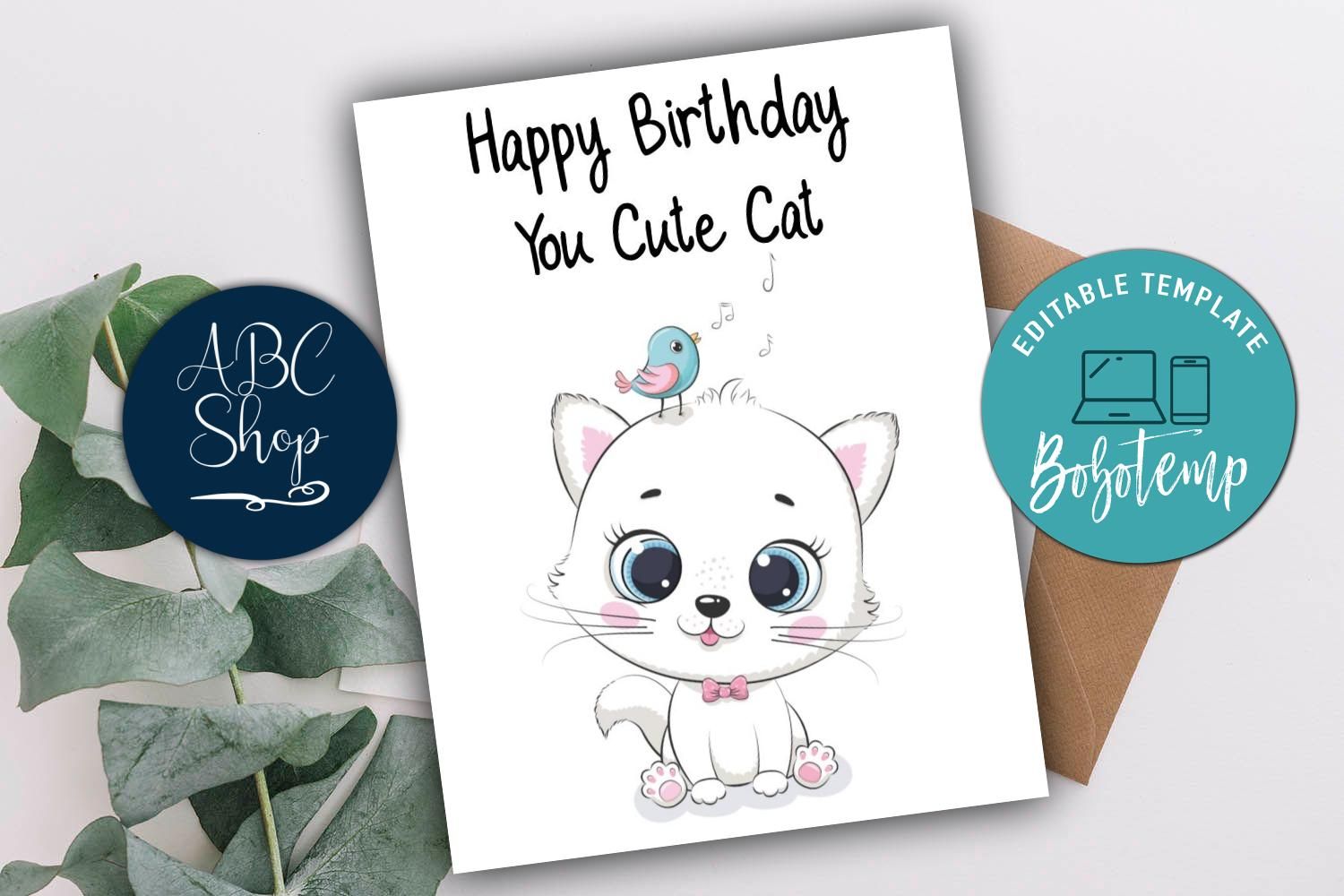 Printable Cute Cat Birthday Card Instant Instant Download | Bobotemp for Cat Birthday Card Printable Free