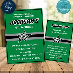 Dallas Stars Party Invitations and Free Thank You Card Instant Download