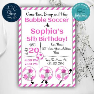 Girl Bubble Soccer Birthday Invitation Instant Download