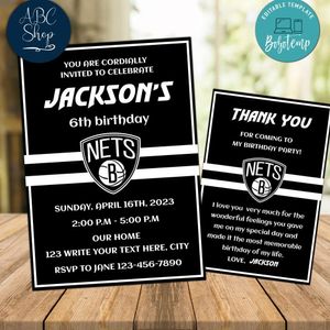 Brooklyn Nets Party Invitations and Free Thank You Card Instant Download