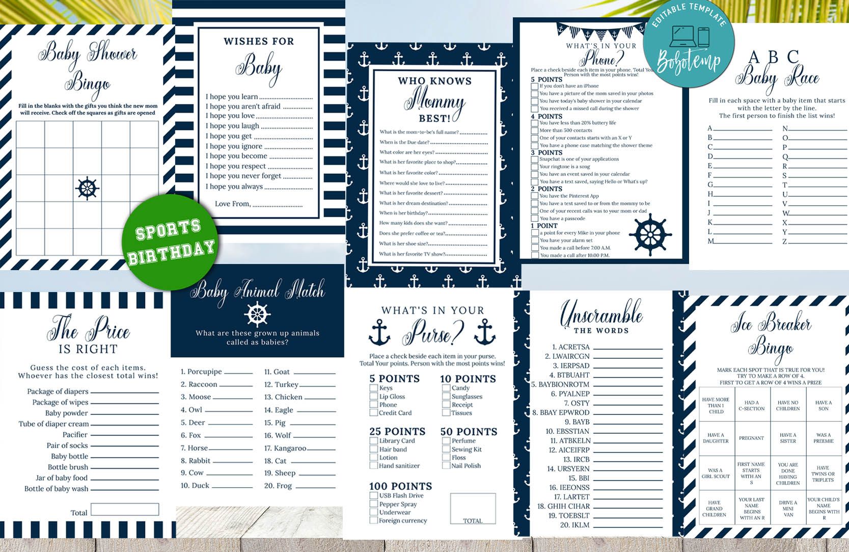 Editable Nautical Baby Shower Game Bundle Instant Download, image size:1667x1083