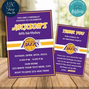 Los Angeles Lakers Party Invitations and Free Thank You Card Instant Download