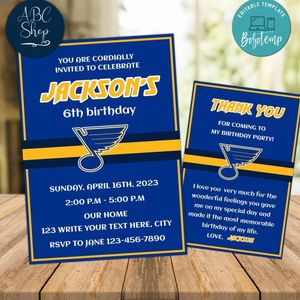 St. Louis Blues Party Invitations and Free Thank You Card Instant Download