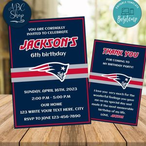 New England Patriots Party Invitations and Free Thank You Card Instant Download