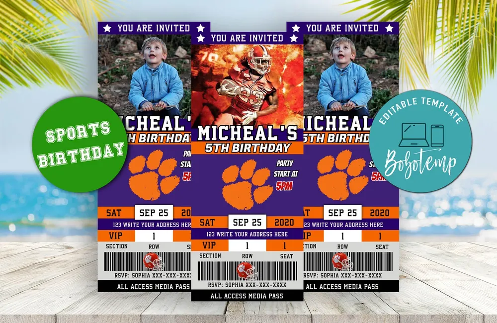 Clemson Tigers Ticket Birthday Editable Template Instant Download