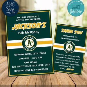 Oakland Athletics Party Invitations and Free Thank You Card Instant Download