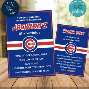 Chicago Cubs Party Invitations and Free Thank You Card Instant Download