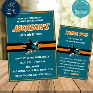 San Jose Sharks Party Invitations and Free Thank You Card Instant Download