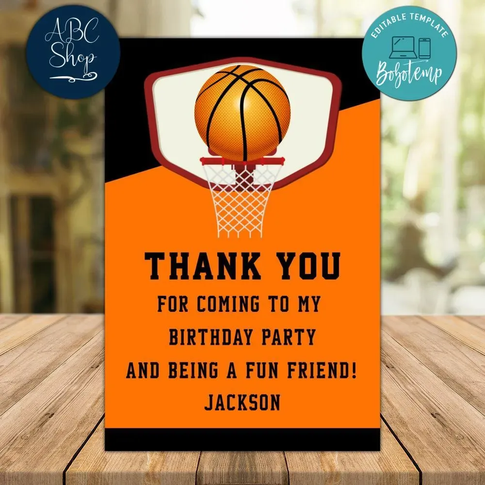 Basketball Thank You Card Customizable Template Instant Download | Bobotemp