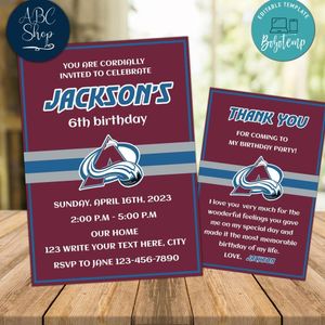 Colorado Avalanche Party Invitations and Free Thank You Card Instant Download