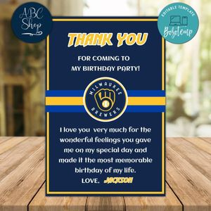 Milwaukee Brewers Thank you card Template to Print at Home Instant Download
