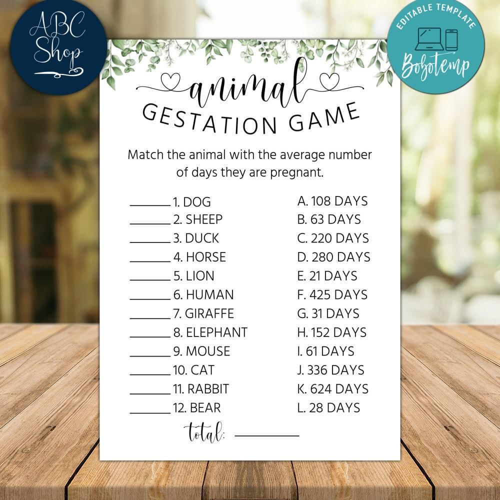 Animal Gestation Game Baby Shower Game Instant Download Createpartylabels