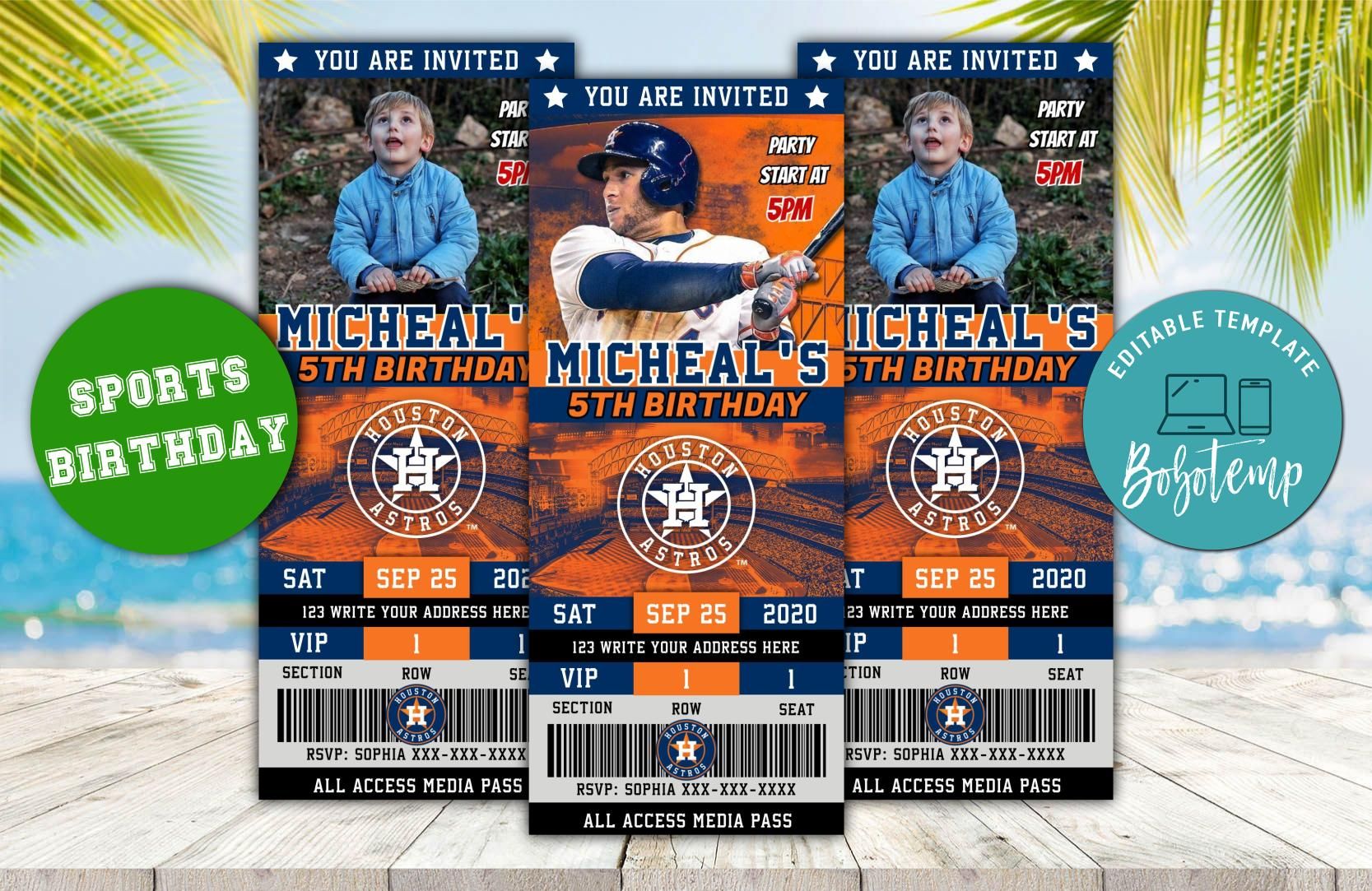 Editable Houston Astros Birthday Ticket Party Invitations