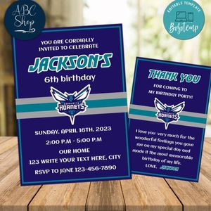 Charlotte Hornets Party Invitations and Free Thank You Card Instant Download