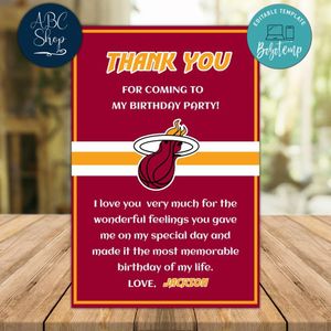 Miami Heat Thank you card Template to Print at Home Instant Download