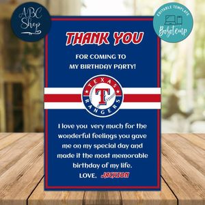 Texas Rangers Thank you card Template to Print at Home Instant Download