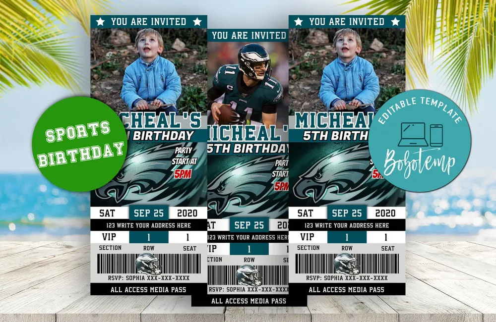 Editable Philadelphia Eagles Birthday Ticket Party Invitations | Bobotemp