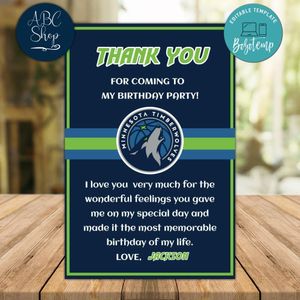 Minnesota Timberwolves Thank you card Template to Print at Home Instant Download