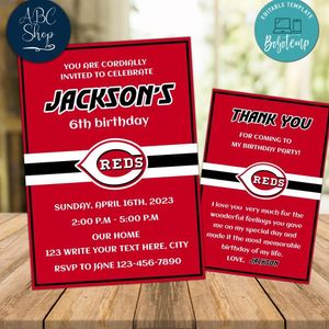 Cincinnati Reds Party Invitations and Free Thank You Card Instant Download