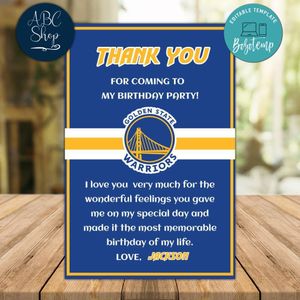 Golden State Warriors Thank you card Template to Print at Home Instant Download