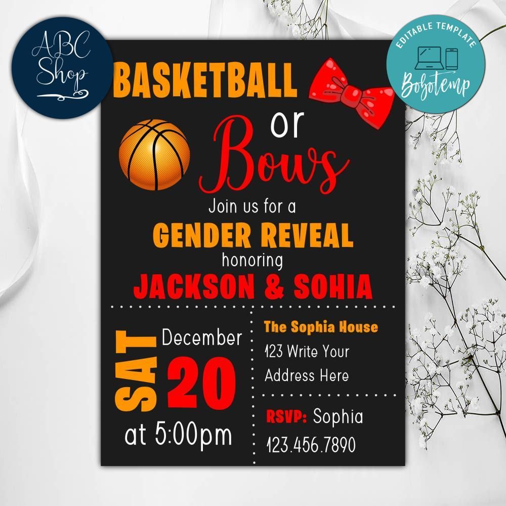 Basketball Or Bows Gender Reveal Invitations Instant Download Bobotemp