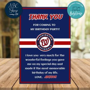 Washington Nationals Thank you card Template to Print at Home Instant Download