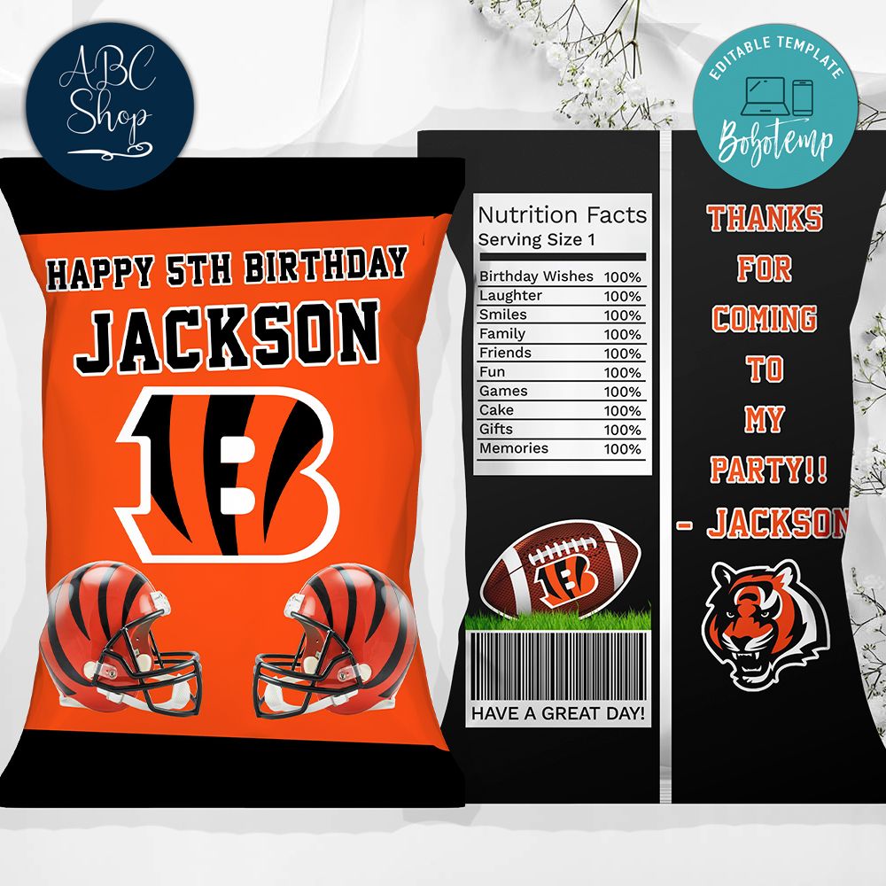 Printable Cincinnati Bengals Birthday Chip Bags Instant Download Bobotemp