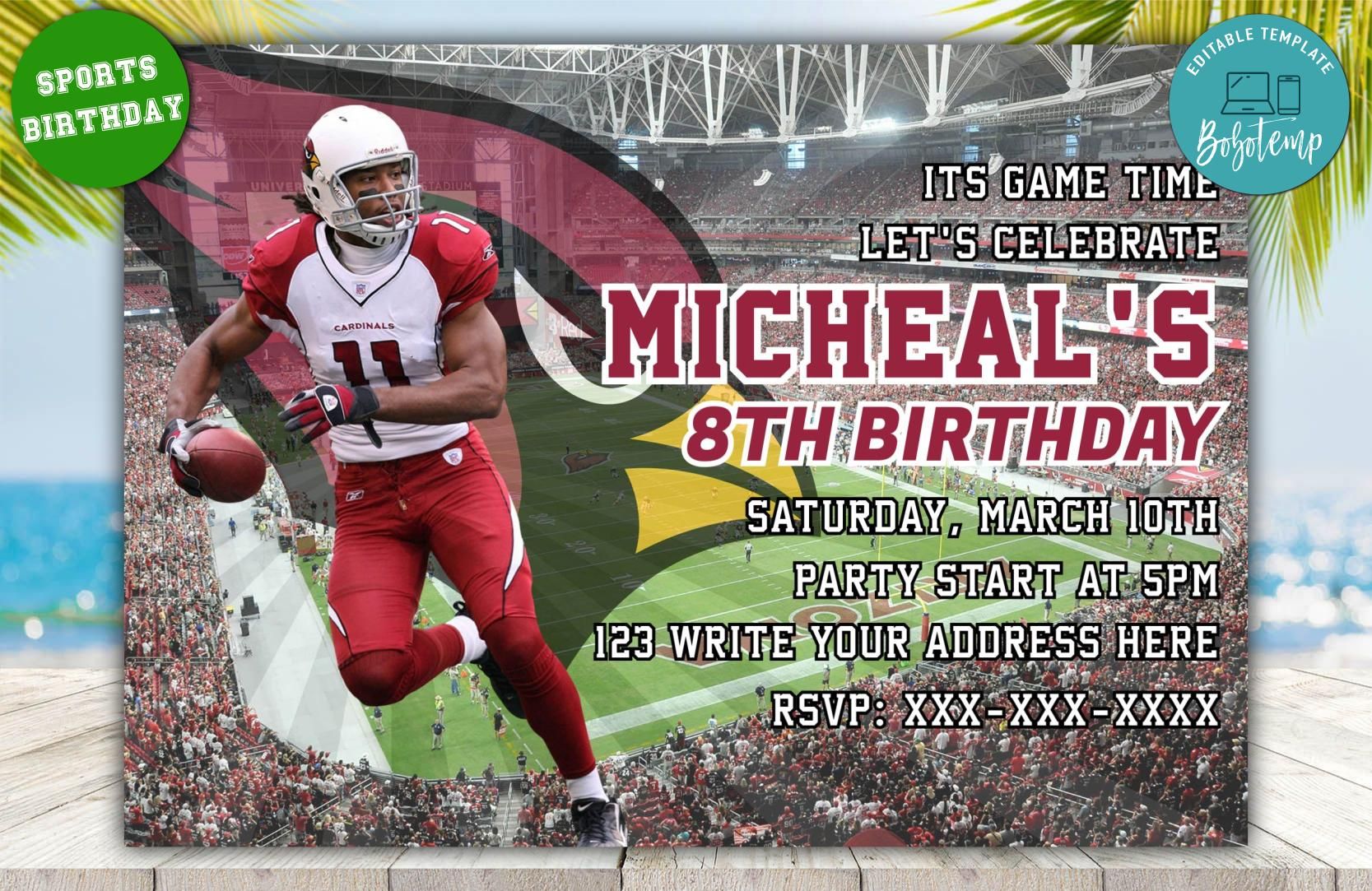 Editable Arizona Cardinals Birthday Invitations Instant Download | Bobotemp