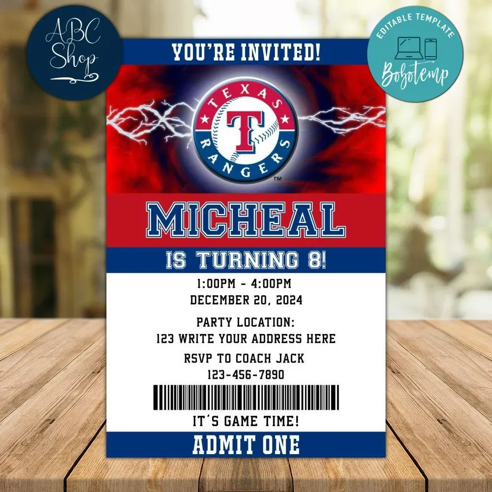 Texas Rangers Birthday Flyer Template to Print at Home DIY | Bobotemp