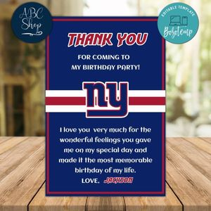 New York Giants Thank you card Template to Print at Home Instant Download