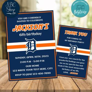 Detroit Tigers Party Invitations and Free Thank You Card Instant Download