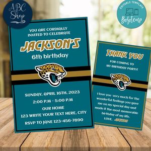 Jacksonville Jaguars Party Invitations and Free Thank You Card Instant Download