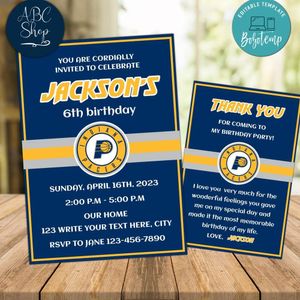 Indiana Pacers Party Invitations and Free Thank You Card Instant Download