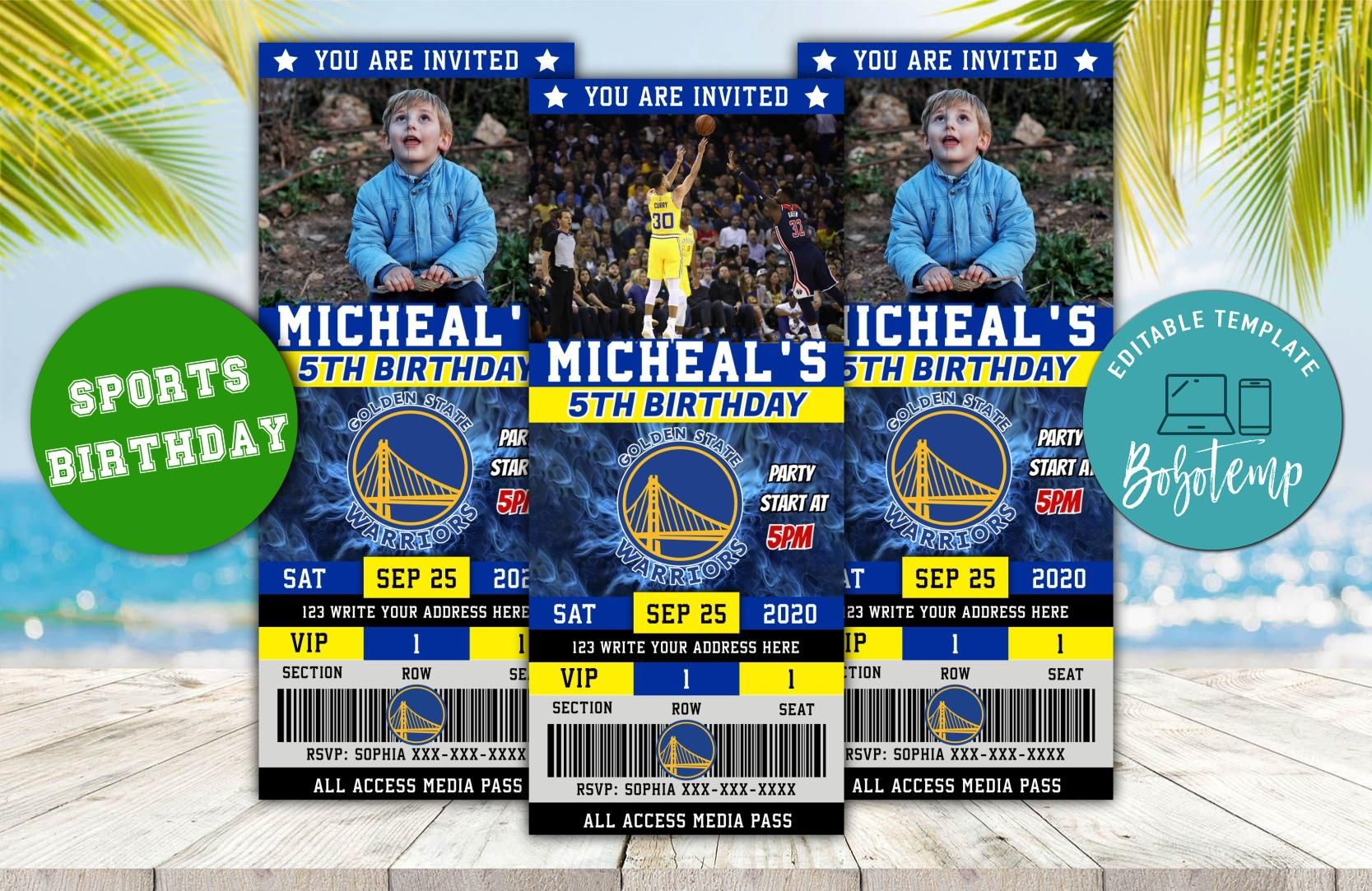 Editable Golden State Warriors Basketball Birthday Ticket Bobotemp