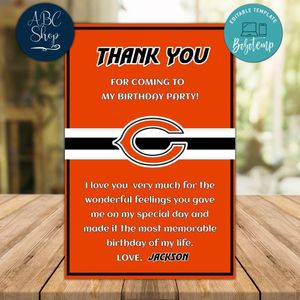 Chicago Bears Thank you card Template to Print at Home Instant Download