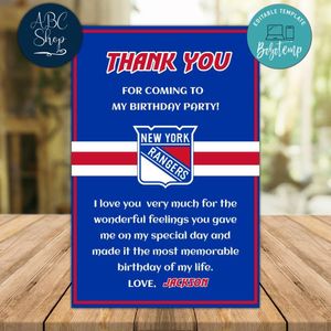 New York Rangers Thank you card Template to Print at Home Instant Download