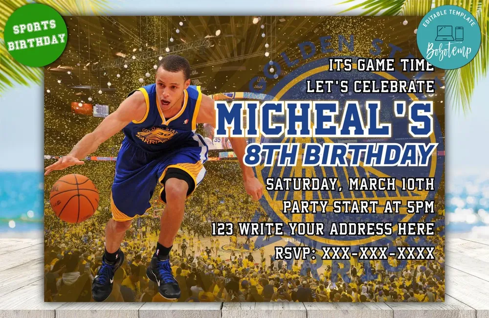 Editable Golden State Warriors Birthday Invitations DIY | Bobotemp