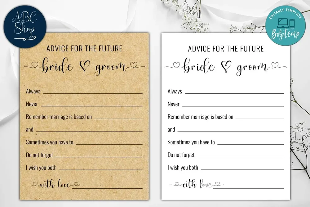 Printable Advice For The Bride And Groom Bridal Shower Game DIY | Bobotemp