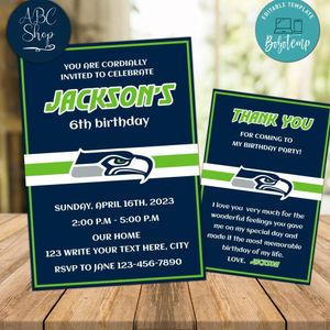Seattle Seahawks Party Invitations and Free Thank You Card Instant Download