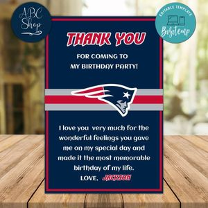 New England Patriots Thank you card Template to Print at Home Instant Download