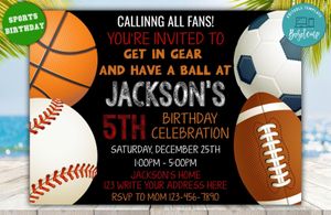 Editable Sports, Basketball, Baseball, Football, Soccer Invitation Instant Download