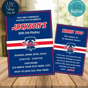 Philadelphia Phillies Party Invitations and Free Thank You Card Instant Download