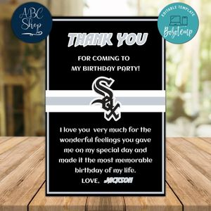 Chicago White Sox Thank you card Template to Print at Home Instant Download