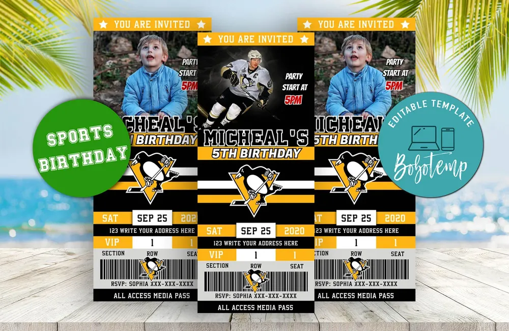 Editable Pittsburgh Penguins Birthday Ticket Party Invitations | Bobotemp