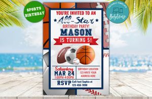 Editable Sports Birthday Invitations, All Star Party Invite Instant Download