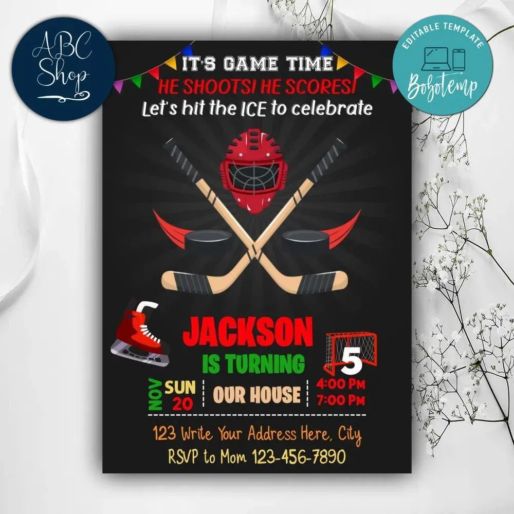 Hockey Birthday Invitation Template to Print at Home DIY | Bobotemp