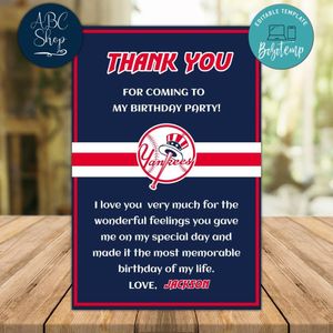 New York Yankees Thank you card Template to Print at Home Instant Download