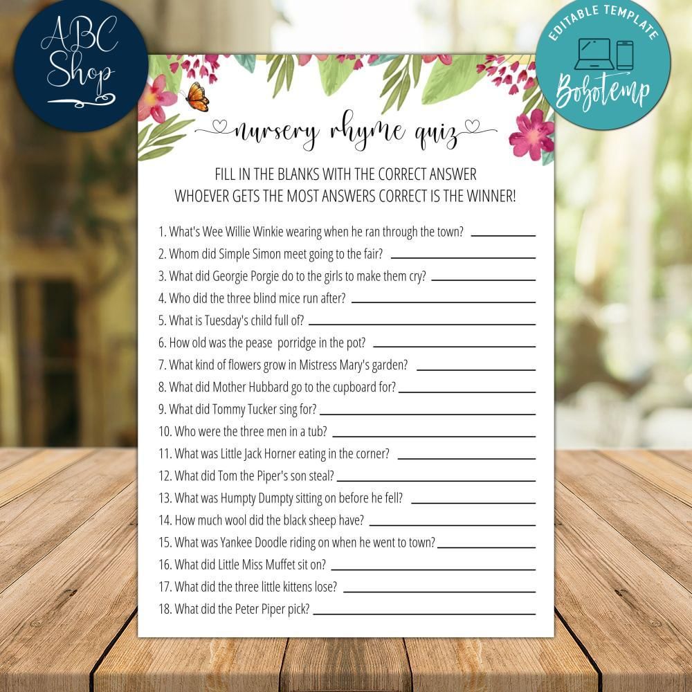 Floral Nursery Rhyme Quiz Baby Shower Games Instant Download | Bobotemp for Free Printable Nursery Rhyme Quiz