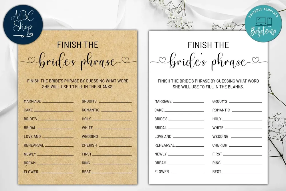 Printable Finish the Bride's Phrase Bridal Shower Game DIY | Bobotemp