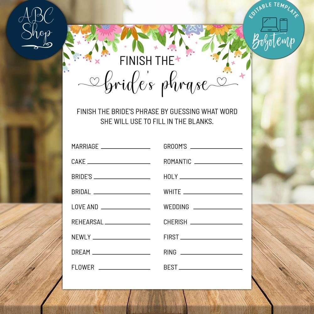 Floral Finish the Bride's Phrase Bridal Shower Game DIY Bobotemp